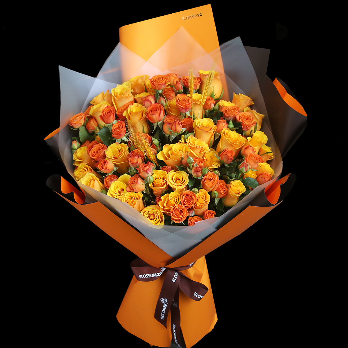 加大版 橙色混合玫瑰花束｜Large Mixed Orange Roses Bouquet (L Size Wheat 稻香)