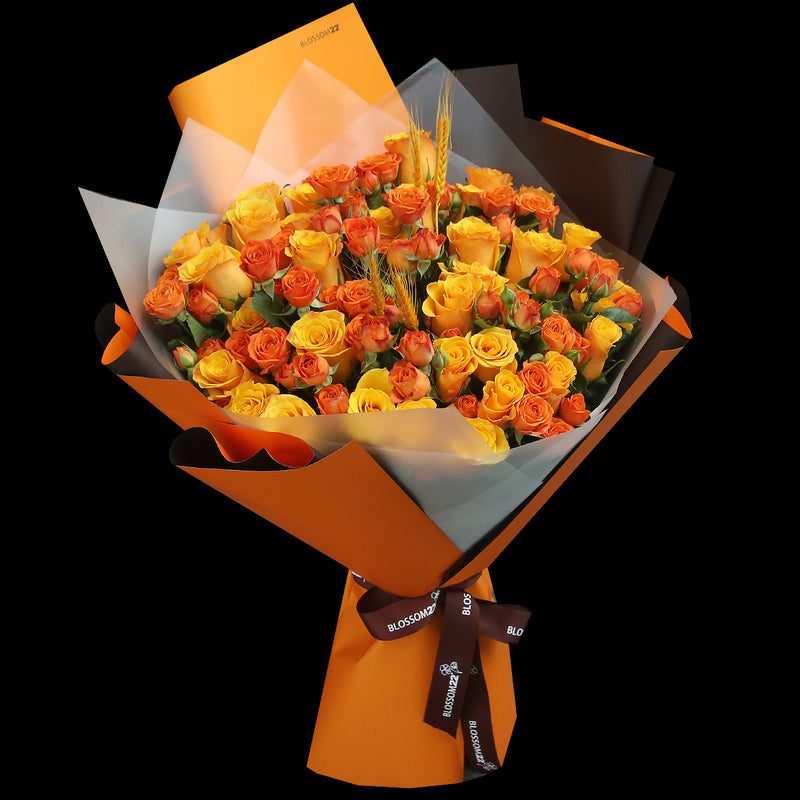 加大版 橙色混合玫瑰花束｜Large Mixed Orange Roses Bouquet (L Size Wheat 稻香)