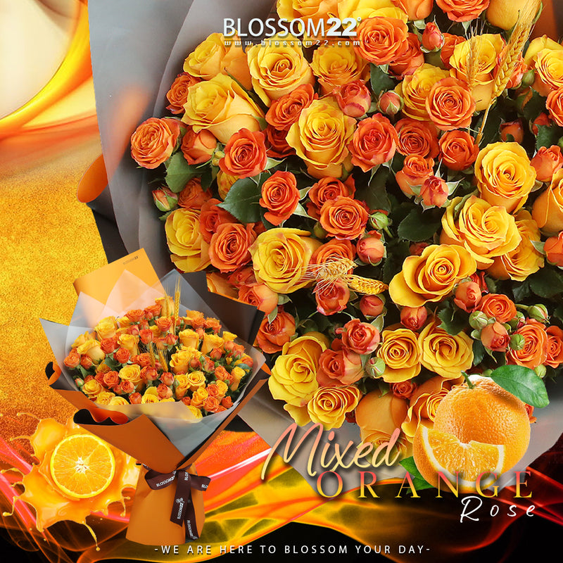 加大版 橙色混合玫瑰花束｜Large Mixed Orange Roses Bouquet (L Size Wheat 稻香)