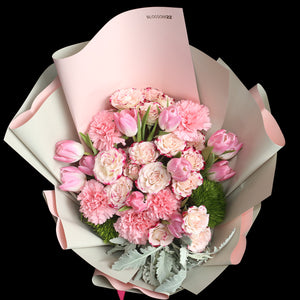 10枝 淺粉紅鬱金香小玫瑰康乃馨花束｜10 Light Pink Tulips, Mini Rose & carnation Bouquet 母親節花 花束 bouquet 鮮花束 BLOSSOM22