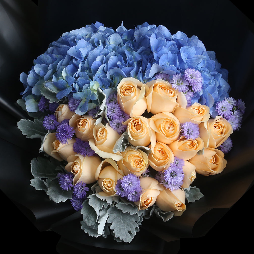 19 香檳玫瑰雙繡球花束｜19 Champagne Roses & 2 Hydrangea Bouquet fresh bouquet 鮮花束 BLOSSOM22