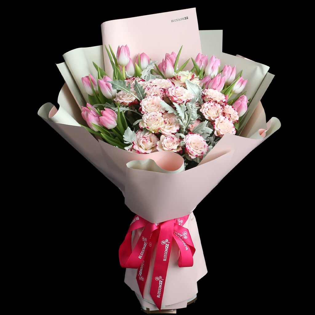 19枝 淺粉紅鬱金香小玫瑰花束｜19 Light Pink Tulips & Mini Rose Bouquet 花束 bouquet 鮮花束 BLOSSOM22