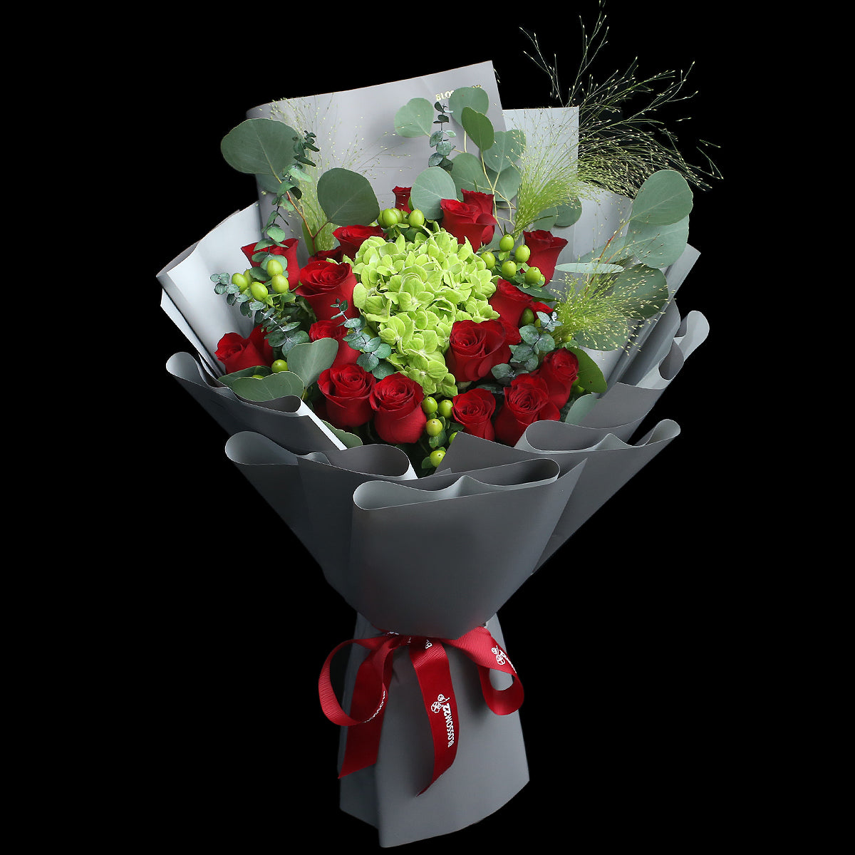 19枝 紅玫瑰青綠繡球花束｜19 Red Roses & Lime Green Hydrangea Bouquet(Bell Pepper） 花束 bouquet 鮮花束 BLOSSOM22