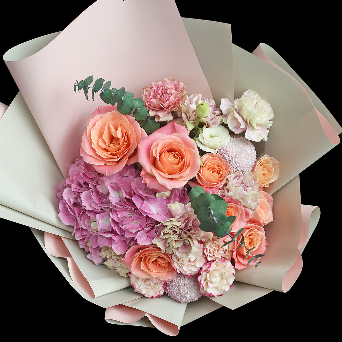 嫩粉玫瑰混丁粉小玫繡球花束｜Miss Piggy Roses, Carnation, Mini Roses ＆ Hydrangea (Piggy Love)母親節花 fresh bouquet 鮮花束 BLOSSOM22