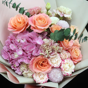 嫩粉玫瑰混丁粉小玫繡球花束｜Miss Piggy Roses, Carnation, Mini Roses ＆ Hydrangea (Piggy Love)母親節花 fresh bouquet 鮮花束 BLOSSOM22