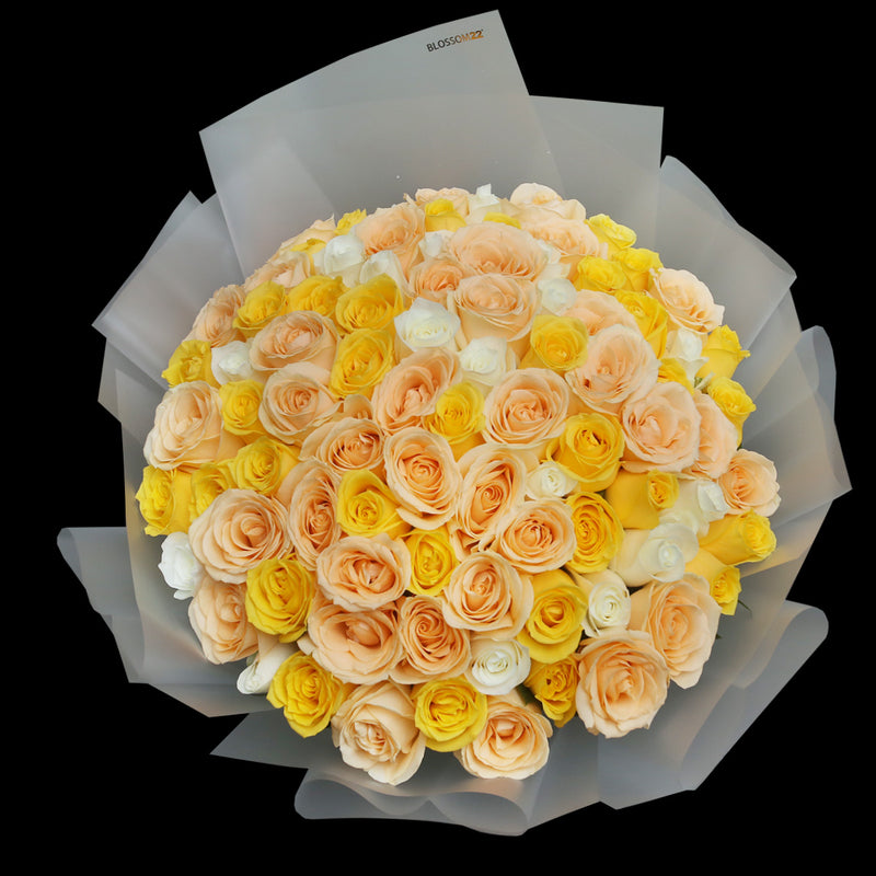 99枝 香檳黃白玫瑰花束｜99 Mango Pomelo Sago Bouquet (楊枝金露)｜情人節花 fresh bouquet 鮮花束 Blossom22°