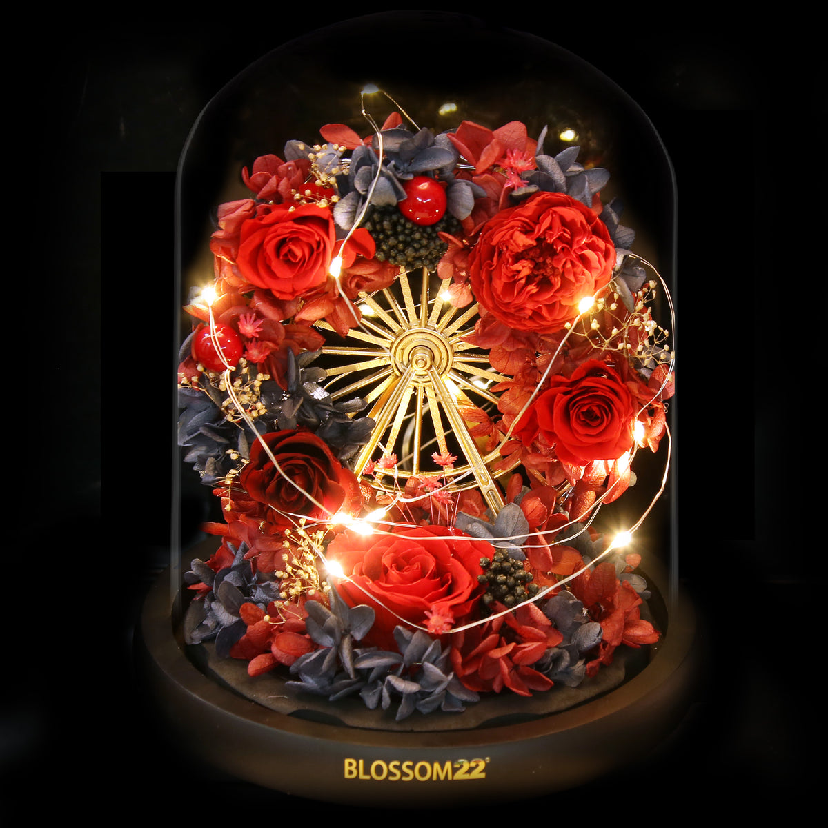 紅色摩天輪瑰保鮮花瓶｜Red Ferris Wheels Preserved Flower Bell Jar  Blossom22hk