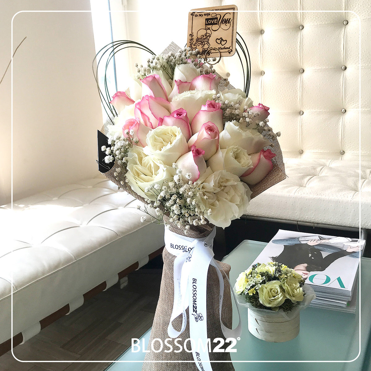 29枝 粉邊玫瑰｜29 Bi-colour Cream & Hot Pink(La Paloma） 花束 bouquet 鮮花束 BLOSSOM22