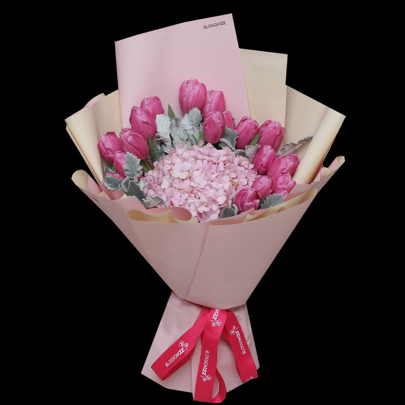 19枝 粉紅鬱金香及繡球花束｜19 Pink Tulips & Hydrangea Bouquet 花束 bouquet 鮮花束 BLOSSOM22