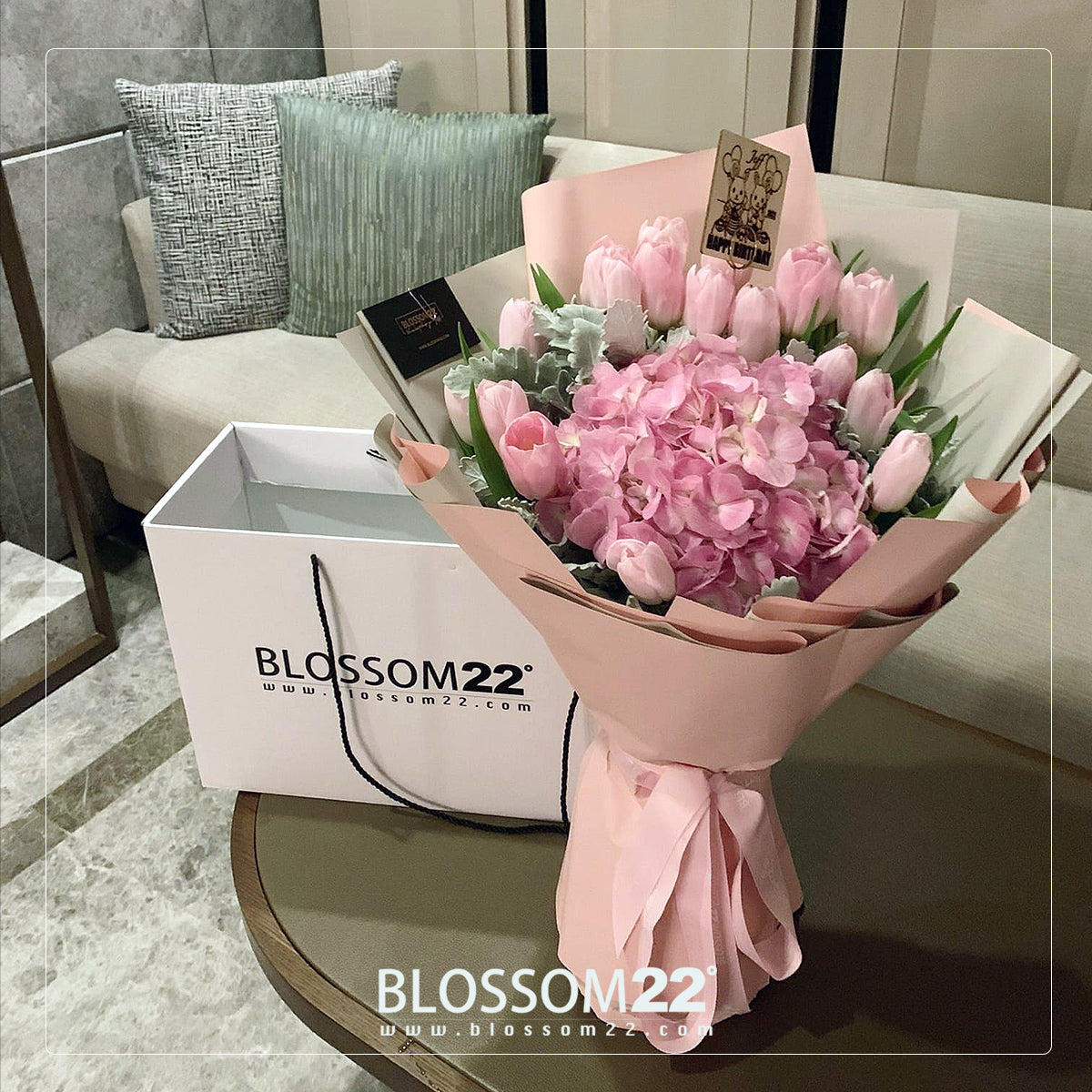 19枝 淺粉紅鬱金香及繡球花束｜19 light Pink Tulips & Hydrangea Bouquet 花束 bouquet 鮮花束 BLOSSOM22