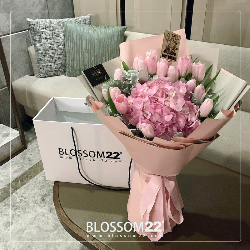 19枝 淺粉紅鬱金香及繡球花束｜19 light Pink Tulips & Hydrangea Bouquet 花束 bouquet 鮮花束 BLOSSOM22