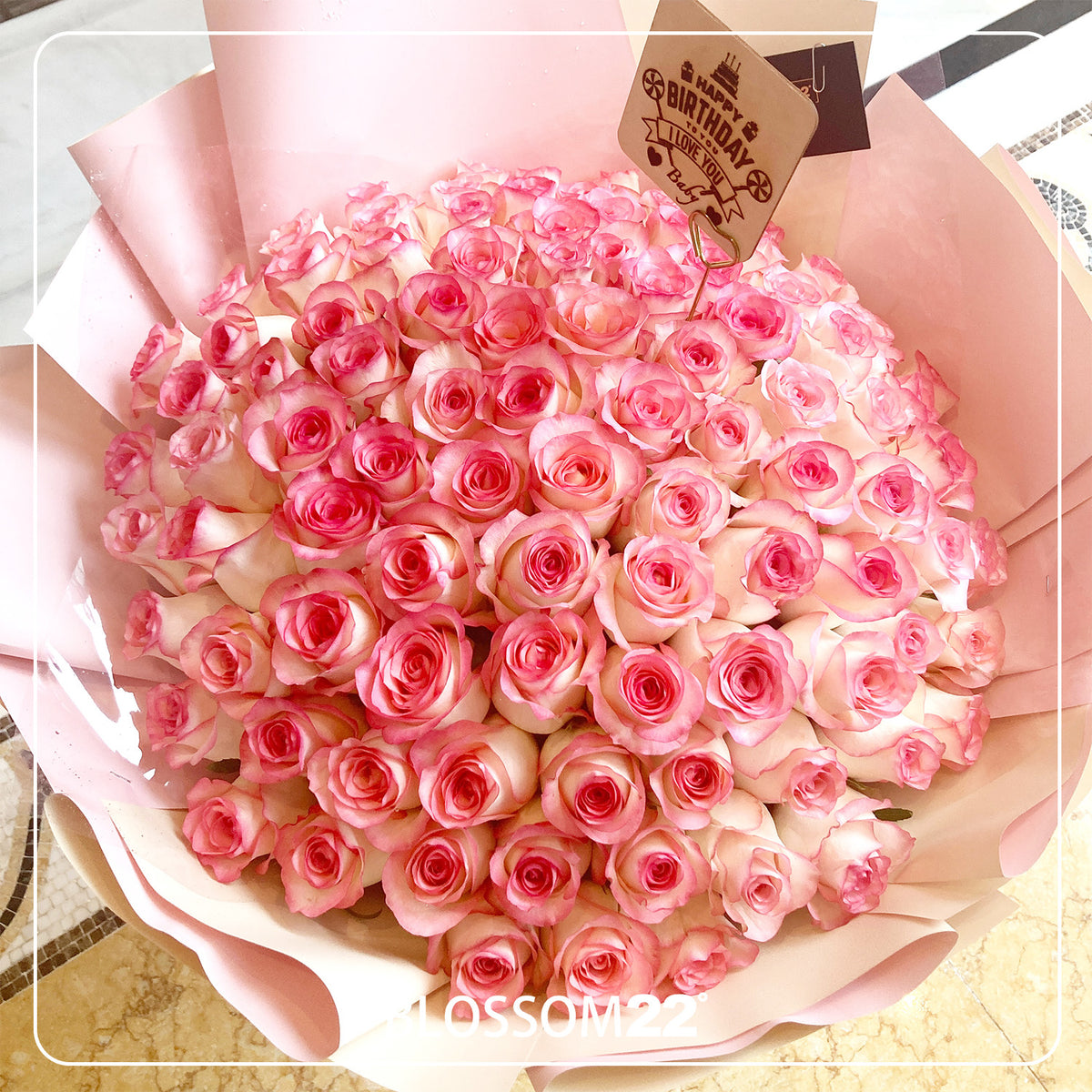 99枝 粉邊玫瑰求婚花束｜99 Highlight Pink Roses Bouquet｜情人節花 fresh bouquet 鮮花束 Blossom22°