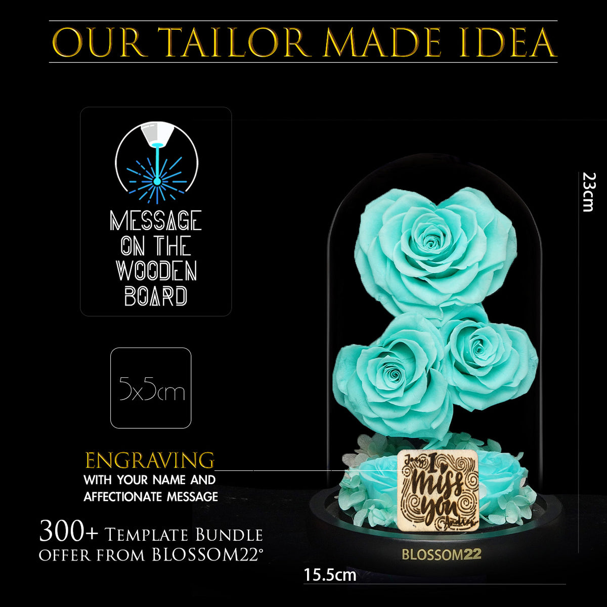 蒂芬妮心型玫瑰保鮮花瓶｜Tiffany Blue Heart Roses Preserved Flower Bell Jar  Blossom22hk