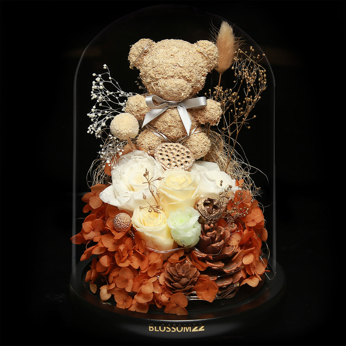 白色摩絲熊保鮮花瓶｜White Moss Bear Preserved Flower Bell Jar (Standard)  Blossom22hk