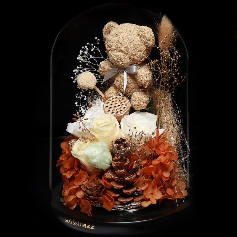 白色摩絲熊保鮮花瓶｜White Moss Bear Preserved Flower Bell Jar (Standard)  Blossom22hk
