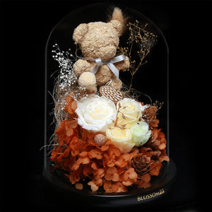 白色摩絲熊保鮮花瓶｜White Moss Bear Preserved Flower Bell Jar (Standard)  Blossom22hk