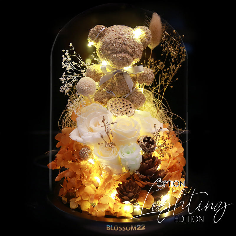 白色摩絲熊保鮮花瓶｜White Moss Bear Preserved Flower Bell Jar (Standard)  Blossom22hk