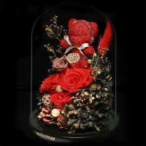 紅色摩絲熊保鮮花瓶｜Red Moss Bear Preserved Flower Bell Jar (Standard)  Blossom22hk