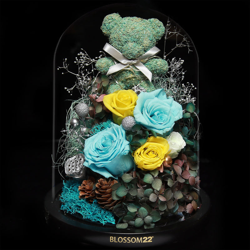 蒂芬妮摩絲熊保鮮花瓶｜Tiffany Blue Moss Bear Preserved Flower Bell Jar (Standard)  Blossom22hk