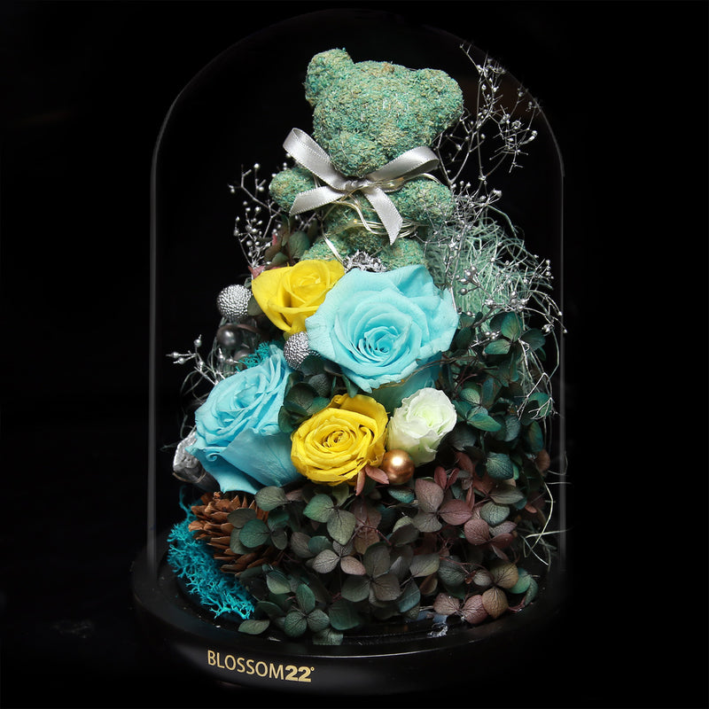 蒂芬妮摩絲熊保鮮花瓶｜Tiffany Blue Moss Bear Preserved Flower Bell Jar (Standard)  Blossom22hk