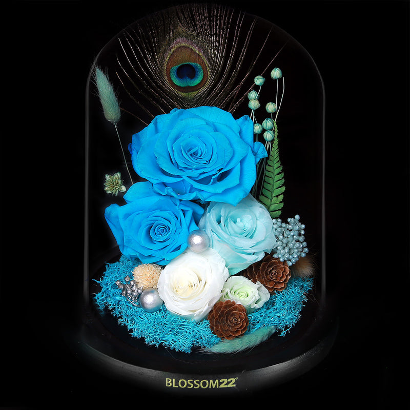 孔雀藍保鮮花玻璃瓶｜Peacock Blue Preserved Flower Bell Jar  Blossom22hk
