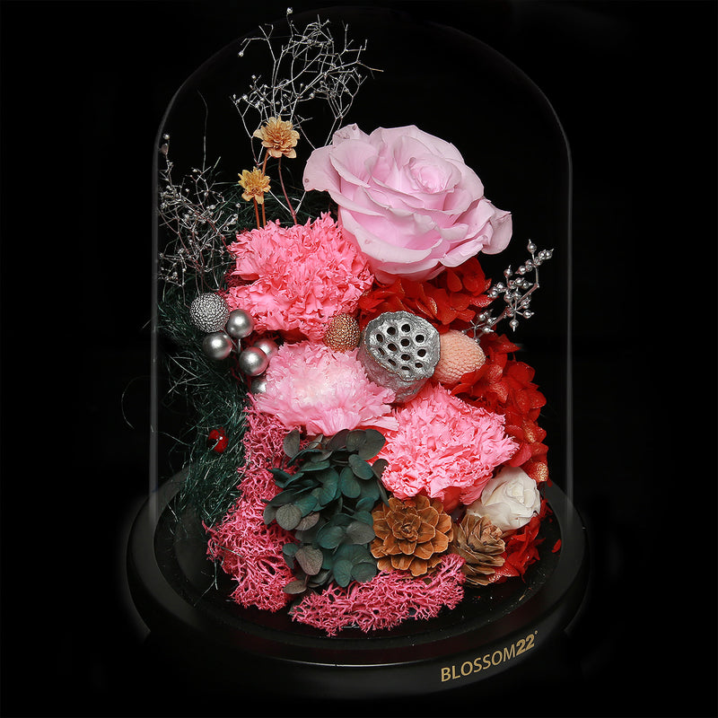 粉色康乃馨保鮮花瓶｜Carnation Preserved Flower Bell Jar 母親節花  Blossom22hk