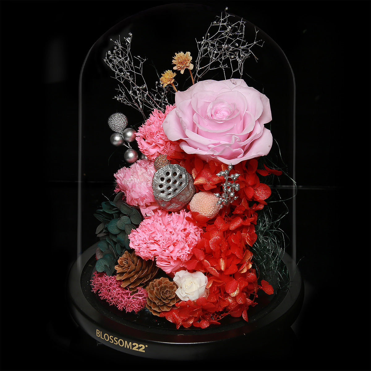粉色康乃馨保鮮花瓶｜Carnation Preserved Flower Bell Jar 母親節花  Blossom22hk