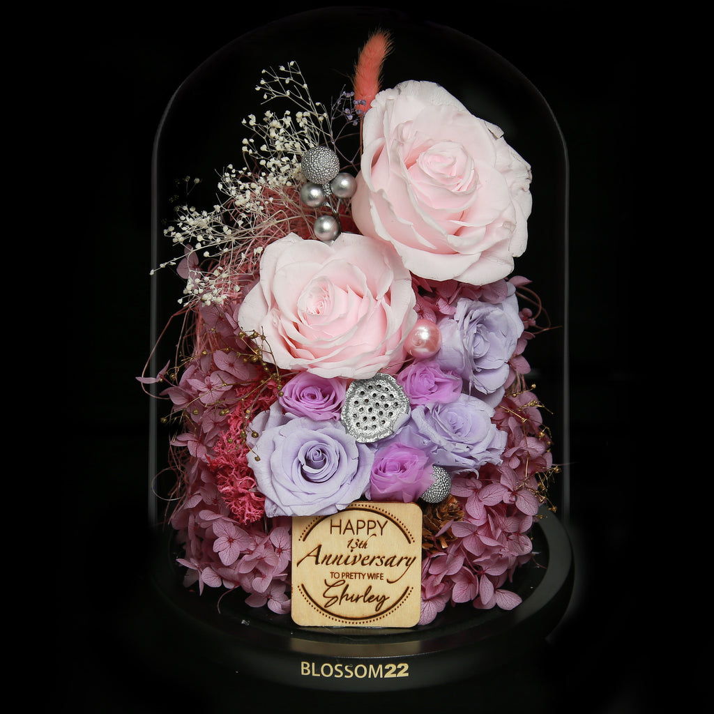粉紫保鮮花玻璃瓶｜Pink Purple Preserved Flower Bell Jar  Blossom22hk