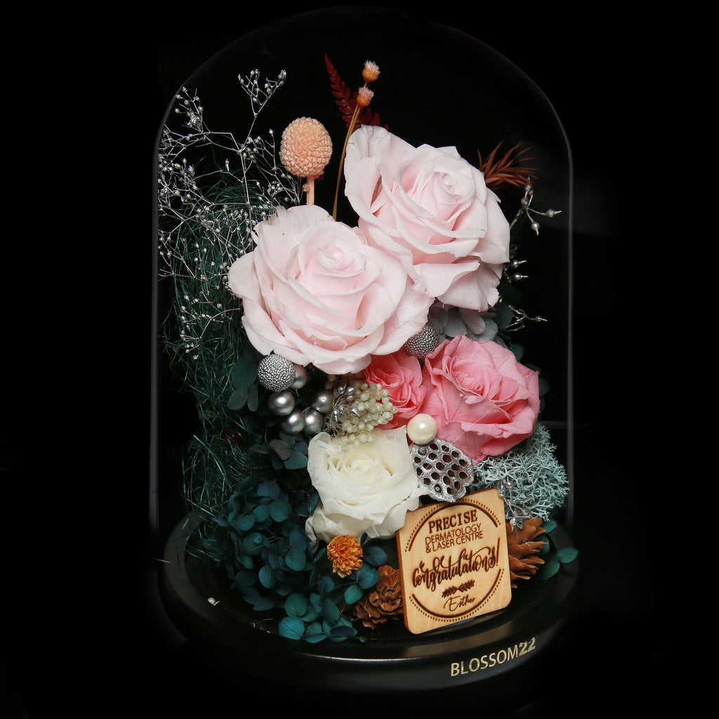 雙色粉保鮮花玻璃瓶｜Two Tone Pink Preserved Flower Bell Jar  Blossom22hk