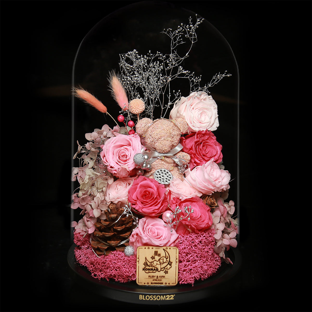 特大版粉色摩絲熊保鮮花瓶｜Pink Moss Bear Preserved Flower Bell Jar (XXL)  Blossom22hk