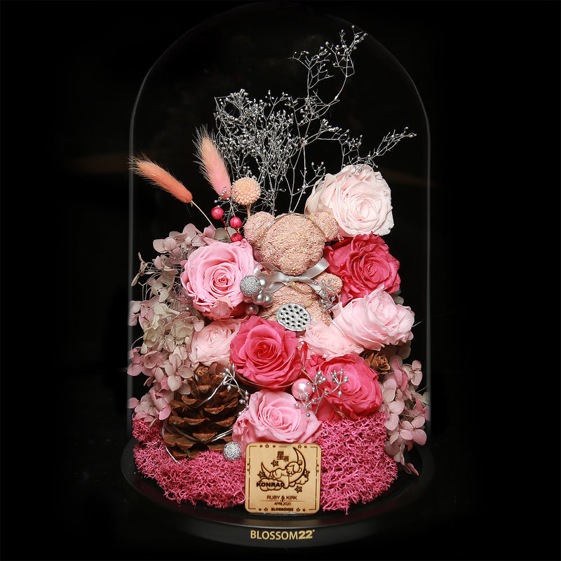 特大版粉色摩絲熊保鮮花瓶｜Pink Moss Bear Preserved Flower Bell Jar (XXL)  Blossom22hk