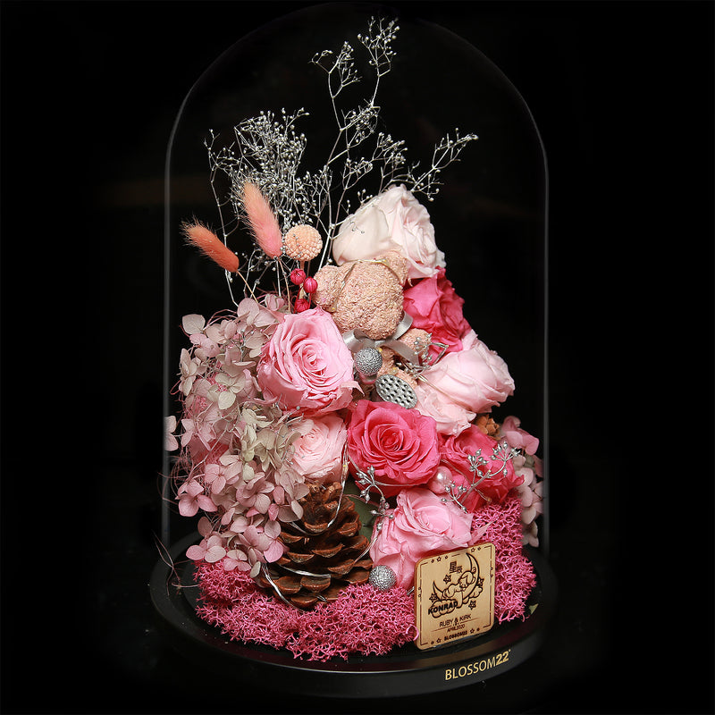 特大版粉色摩絲熊保鮮花瓶｜Pink Moss Bear Preserved Flower Bell Jar (XXL)  Blossom22hk