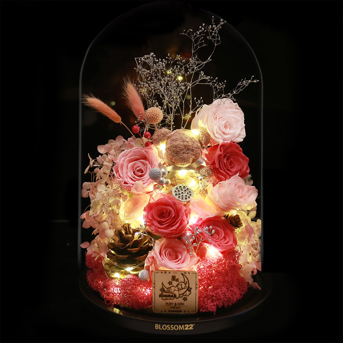 特大版粉色摩絲熊保鮮花瓶｜Pink Moss Bear Preserved Flower Bell Jar (XXL)  Blossom22hk