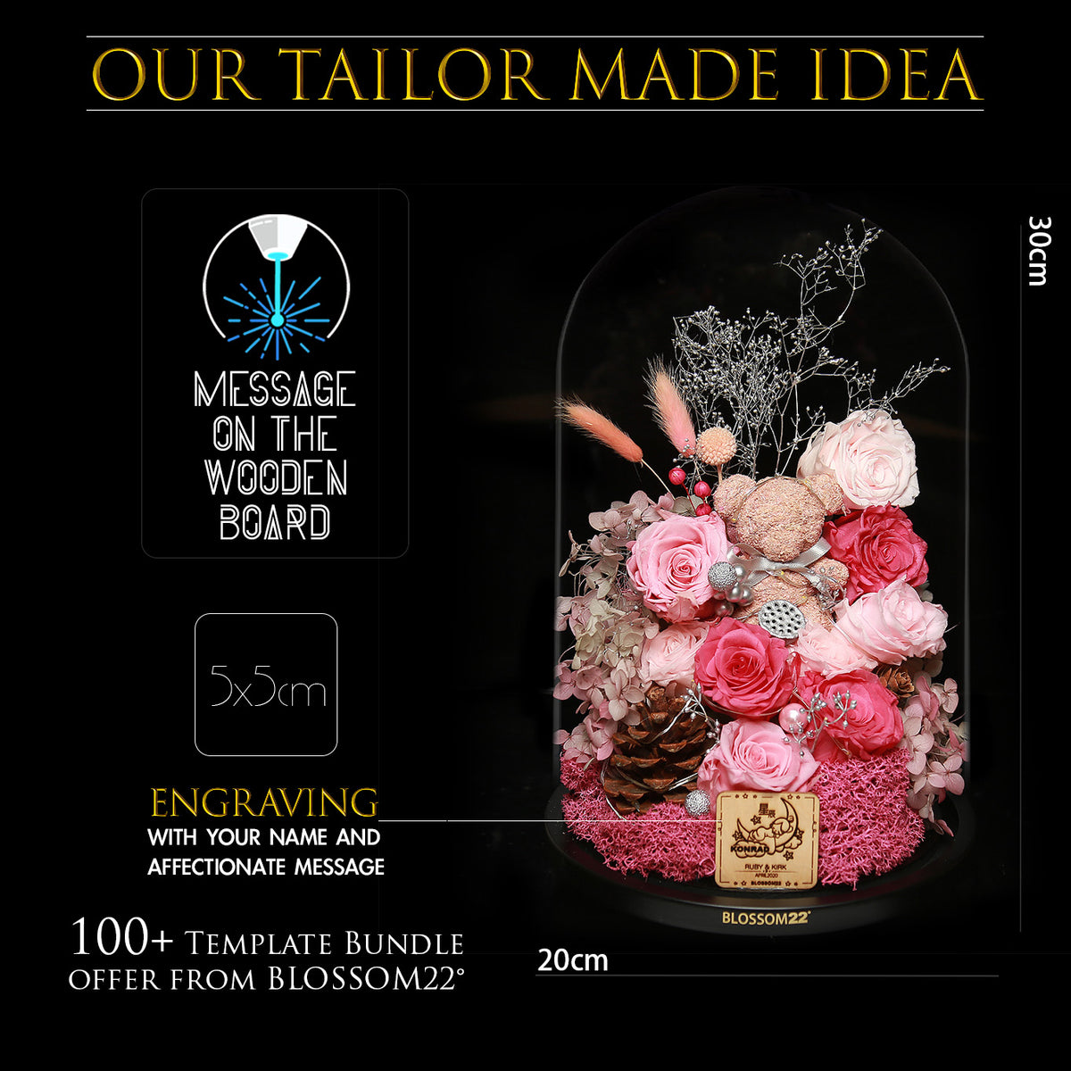 特大版粉色摩絲熊保鮮花瓶｜Pink Moss Bear Preserved Flower Bell Jar (XXL)  Blossom22hk