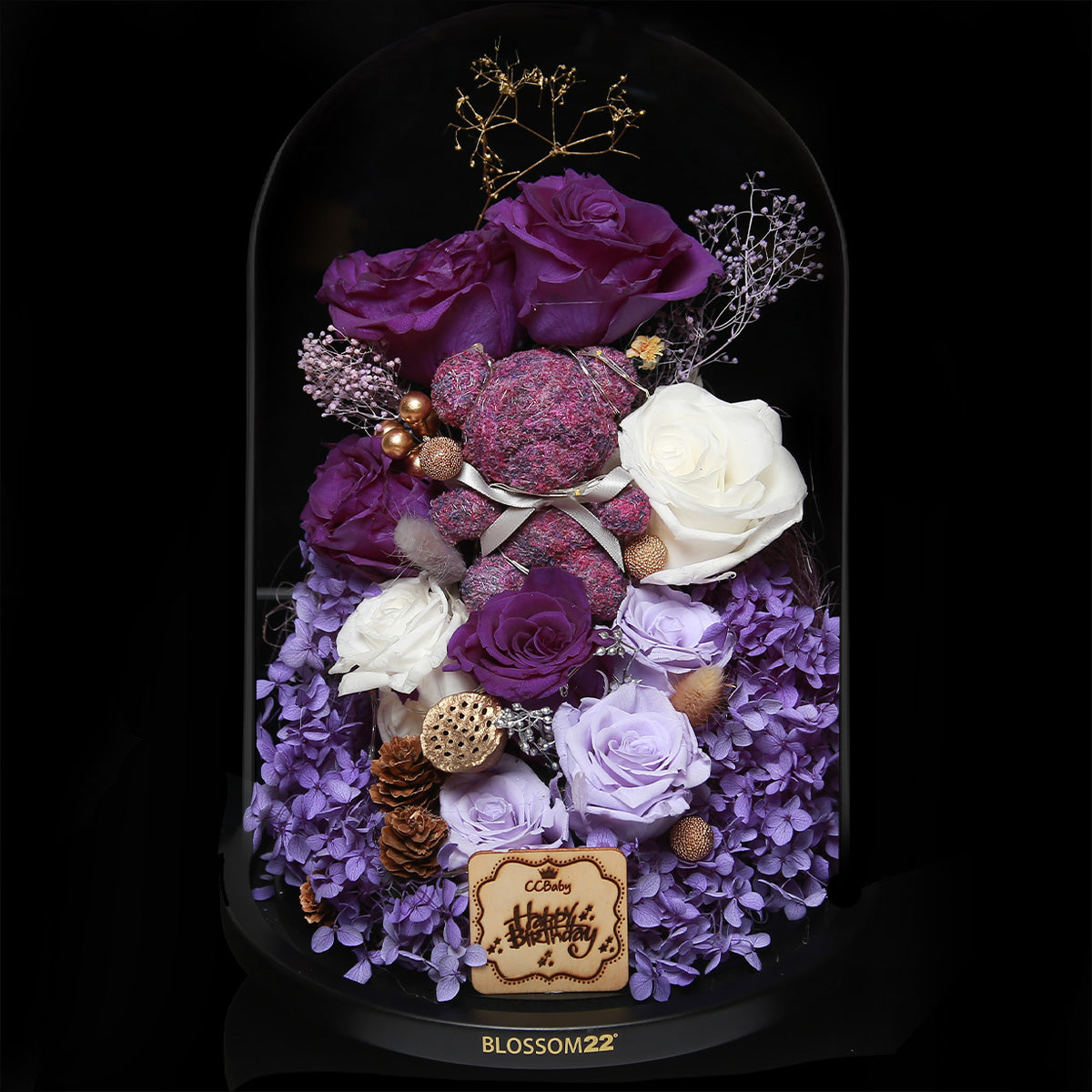 特大版紫色摩絲熊保鮮花瓶｜Purple Moss Bear Preserved Flower Bell Jar (XXL)  Blossom22hk