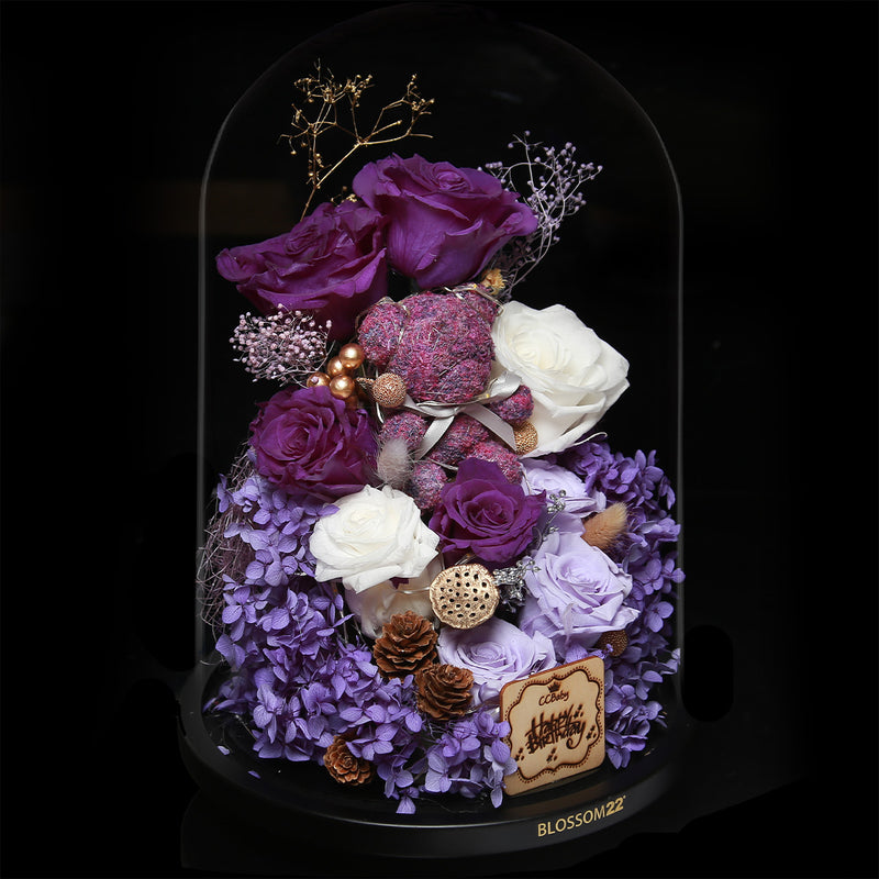 特大版紫色摩絲熊保鮮花瓶｜Purple Moss Bear Preserved Flower Bell Jar (XXL)  Blossom22hk