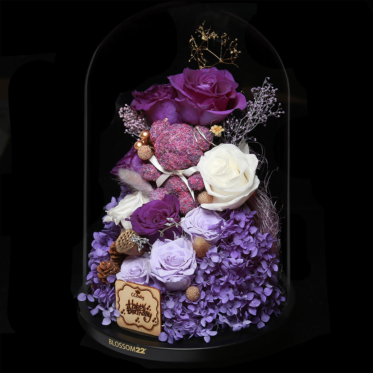 特大版紫色摩絲熊保鮮花瓶｜Purple Moss Bear Preserved Flower Bell Jar (XXL)  Blossom22hk