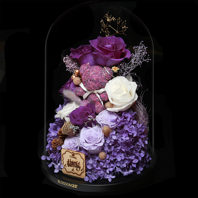 特大版紫色摩絲熊保鮮花瓶｜Purple Moss Bear Preserved Flower Bell Jar (XXL)  Blossom22hk