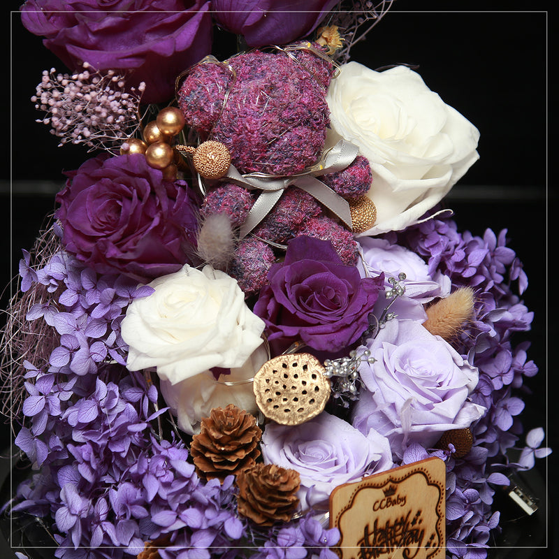 特大版紫色摩絲熊保鮮花瓶｜Purple Moss Bear Preserved Flower Bell Jar (XXL)  Blossom22hk