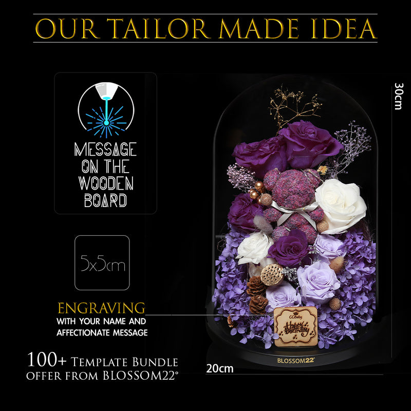 特大版紫色摩絲熊保鮮花瓶｜Purple Moss Bear Preserved Flower Bell Jar (XXL)  Blossom22hk