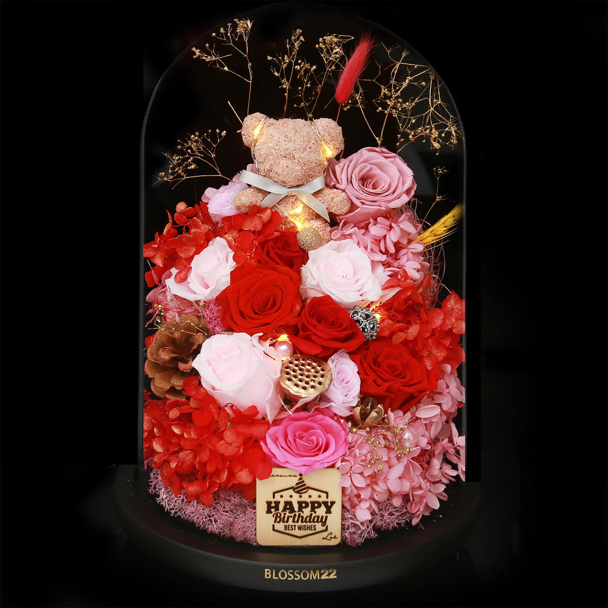 特大版紅粉色摩絲熊保鮮花瓶｜Red Pink Moss Bear Preserved Flower Bell Jar (XXL)  Blossom22hk