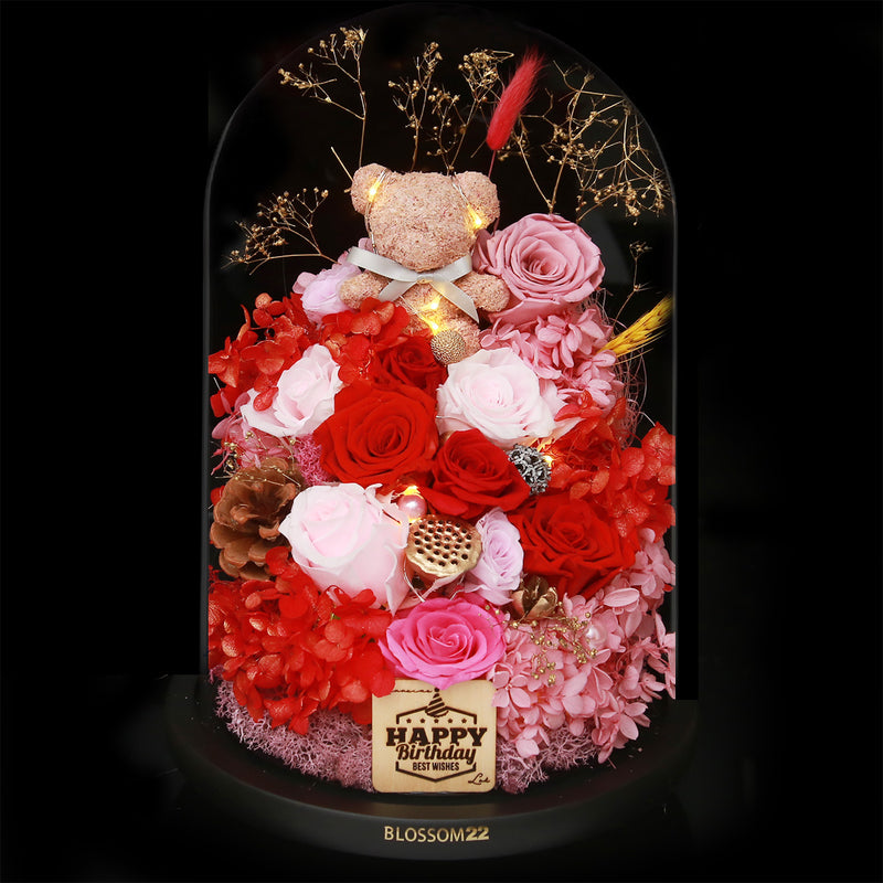 特大版紅粉色摩絲熊保鮮花瓶｜Red Pink Moss Bear Preserved Flower Bell Jar (XXL)  Blossom22hk