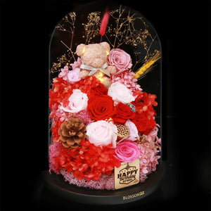 特大版紅粉色摩絲熊保鮮花瓶｜Red Pink Moss Bear Preserved Flower Bell Jar (XXL)  Blossom22hk