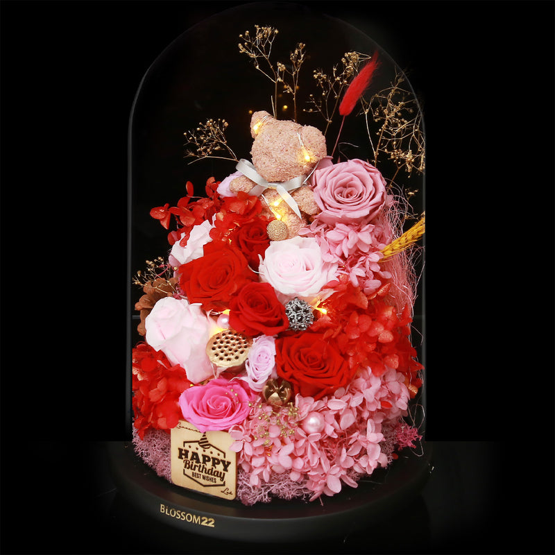 特大版紅粉色摩絲熊保鮮花瓶｜Red Pink Moss Bear Preserved Flower Bell Jar (XXL)  Blossom22hk
