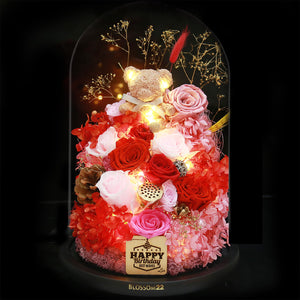 特大版紅粉色摩絲熊保鮮花瓶｜Red Pink Moss Bear Preserved Flower Bell Jar (XXL)  Blossom22hk