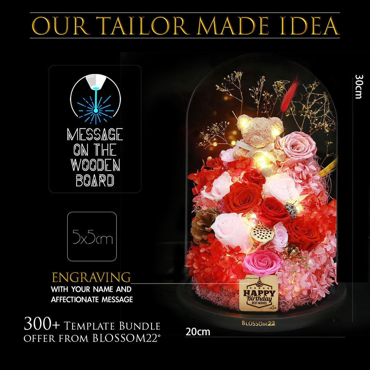 特大版紅粉色摩絲熊保鮮花瓶｜Red Pink Moss Bear Preserved Flower Bell Jar (XXL)  Blossom22hk