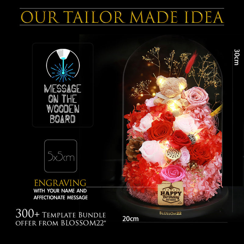特大版紅粉色摩絲熊保鮮花瓶｜Red Pink Moss Bear Preserved Flower Bell Jar (XXL)  Blossom22hk